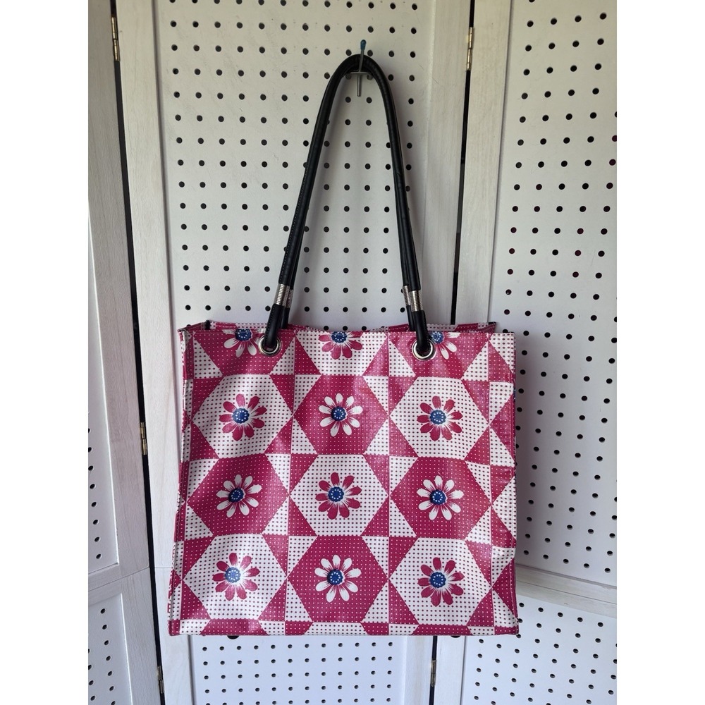 Fleebag Tote Bag Floral Red Blue Handles Side Pocket Magnet Top Closure 15x13"‎